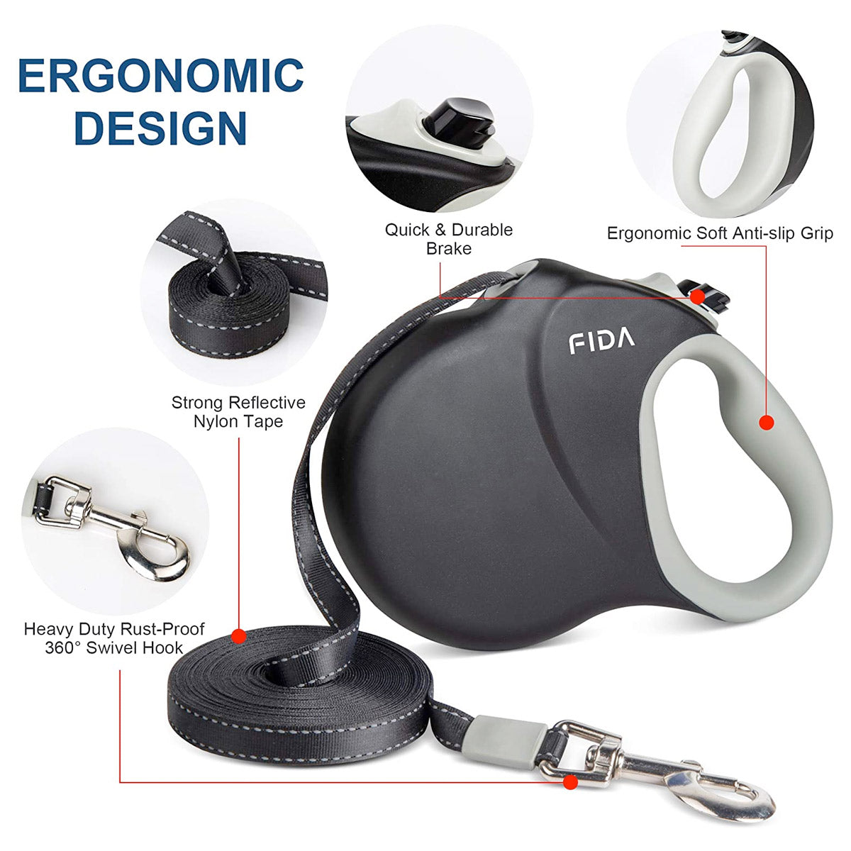 Fida Heavy Duty Retractable Dog leash 26ft (8m)