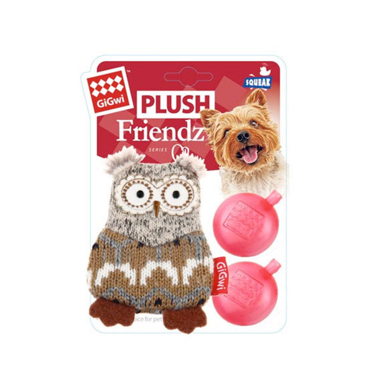GiGwi Owl “Plush Friendz” Grey/Brown with refillable squeaker