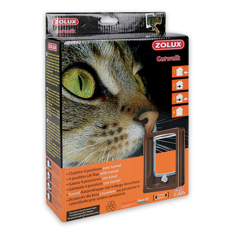 Cat-flap for Wooden Door with tunnel Brown