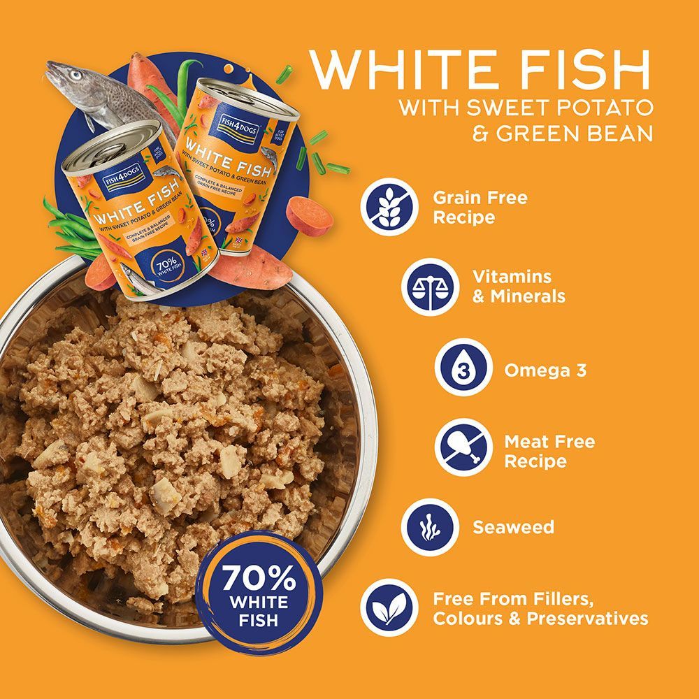 Fish4dogs Finest Complete White Fish with Sweet Potato & Green Bean Wet Dog Food 395g